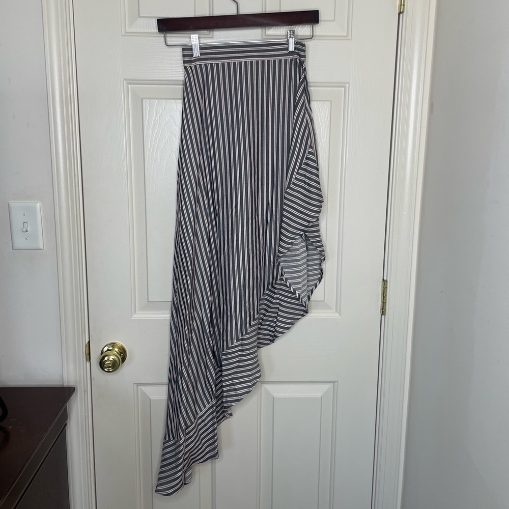 Lulus Striped Asymmetrical Ruffle Midi Skirt XS festival vacation resort wear